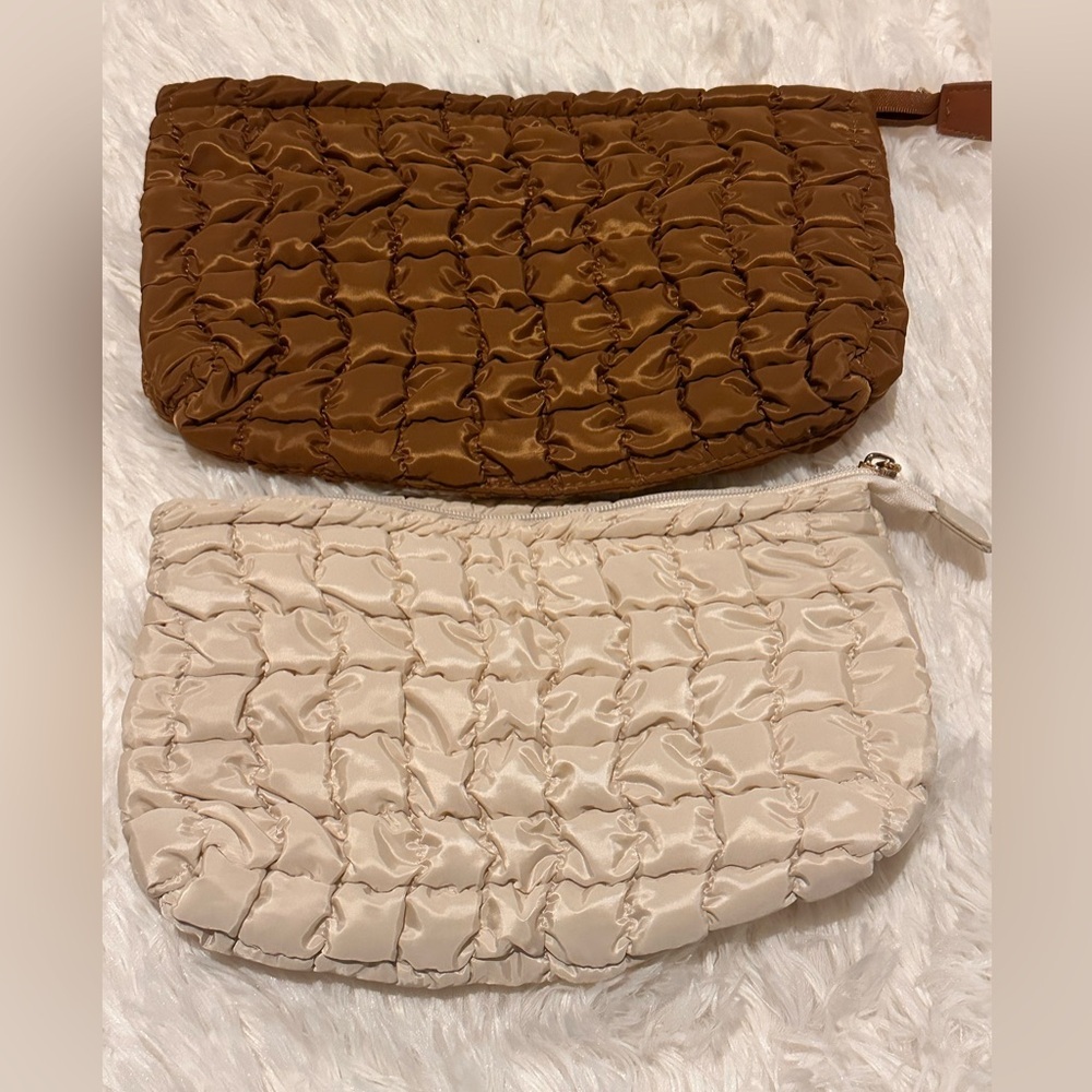 🇺🇸 Sale Two-Piece Quilted Zippered Make Up Bags Set - Cream & Brown